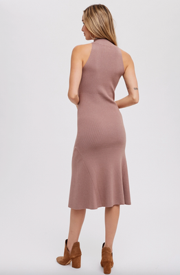 Coffee Mock Neck Sleeveless Midi Dress