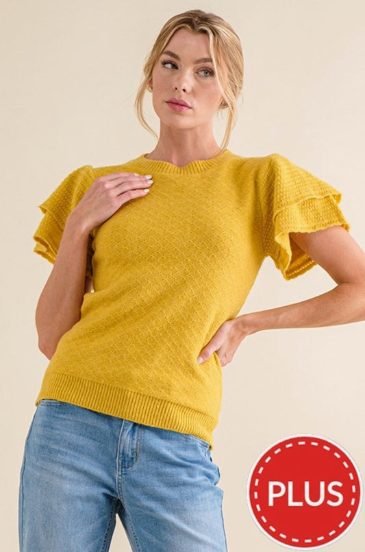 Curvy Mustard Flutter Sleeve Sweater