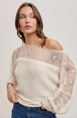 Ecru Boatneck Lace Trimmed pullover