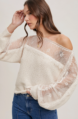 Ecru Boatneck Lace Trimmed pullover