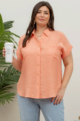 Curvy Peach Crinkle Cuff Button Down