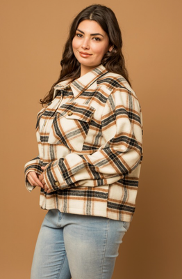 Curvy Plaid Shacket Cream & Brown