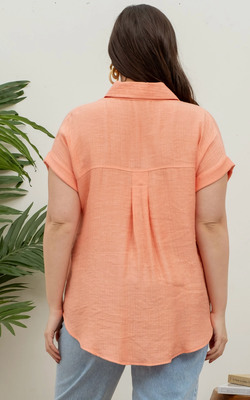 Curvy Peach Crinkle Cuff Button Down