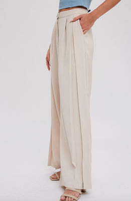 Beige Pintuck Wide Leg Pants