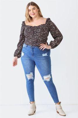 Curvy Black Floral Smocked Top