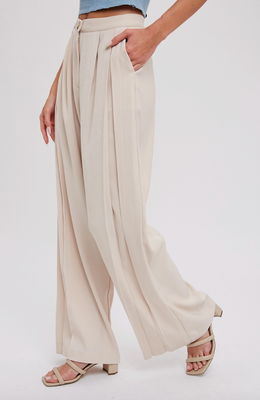 Beige Pintuck Wide Leg Pants
