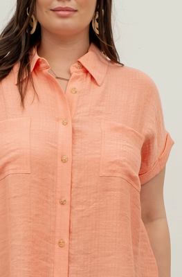 Curvy Peach Crinkle Cuff Button Down