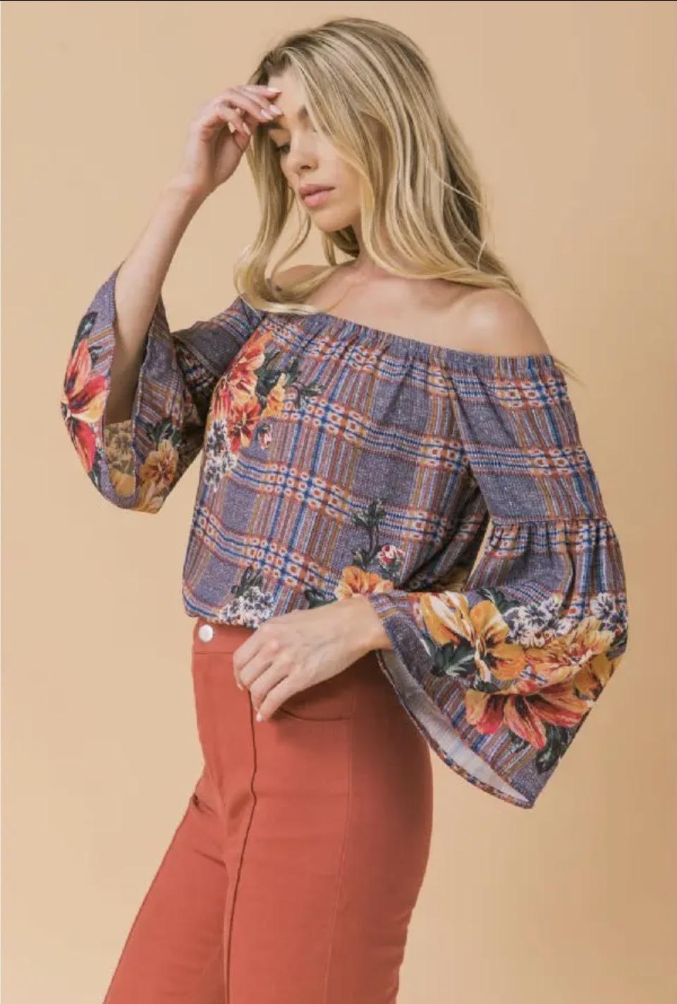 Plaid & Floral Off Shoulder
