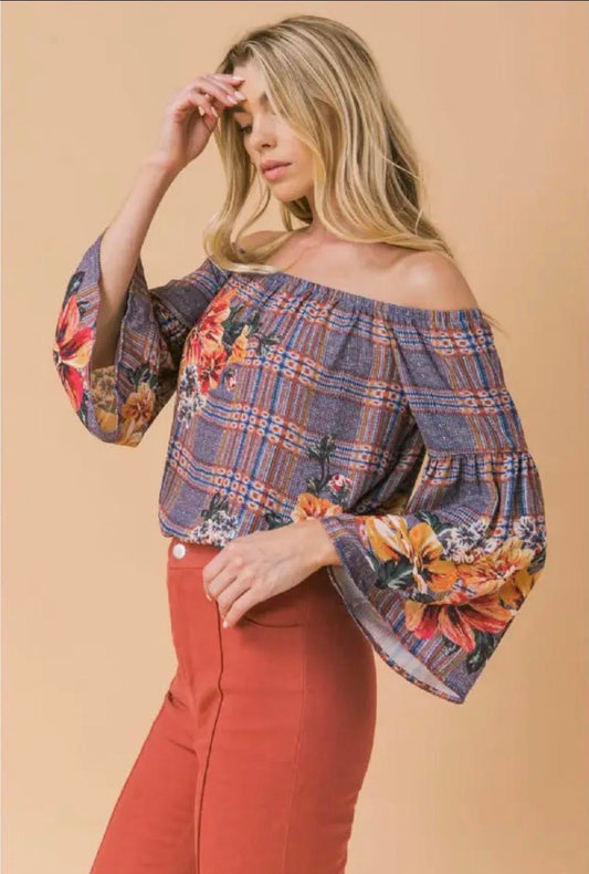 Plaid & Floral Off Shoulder