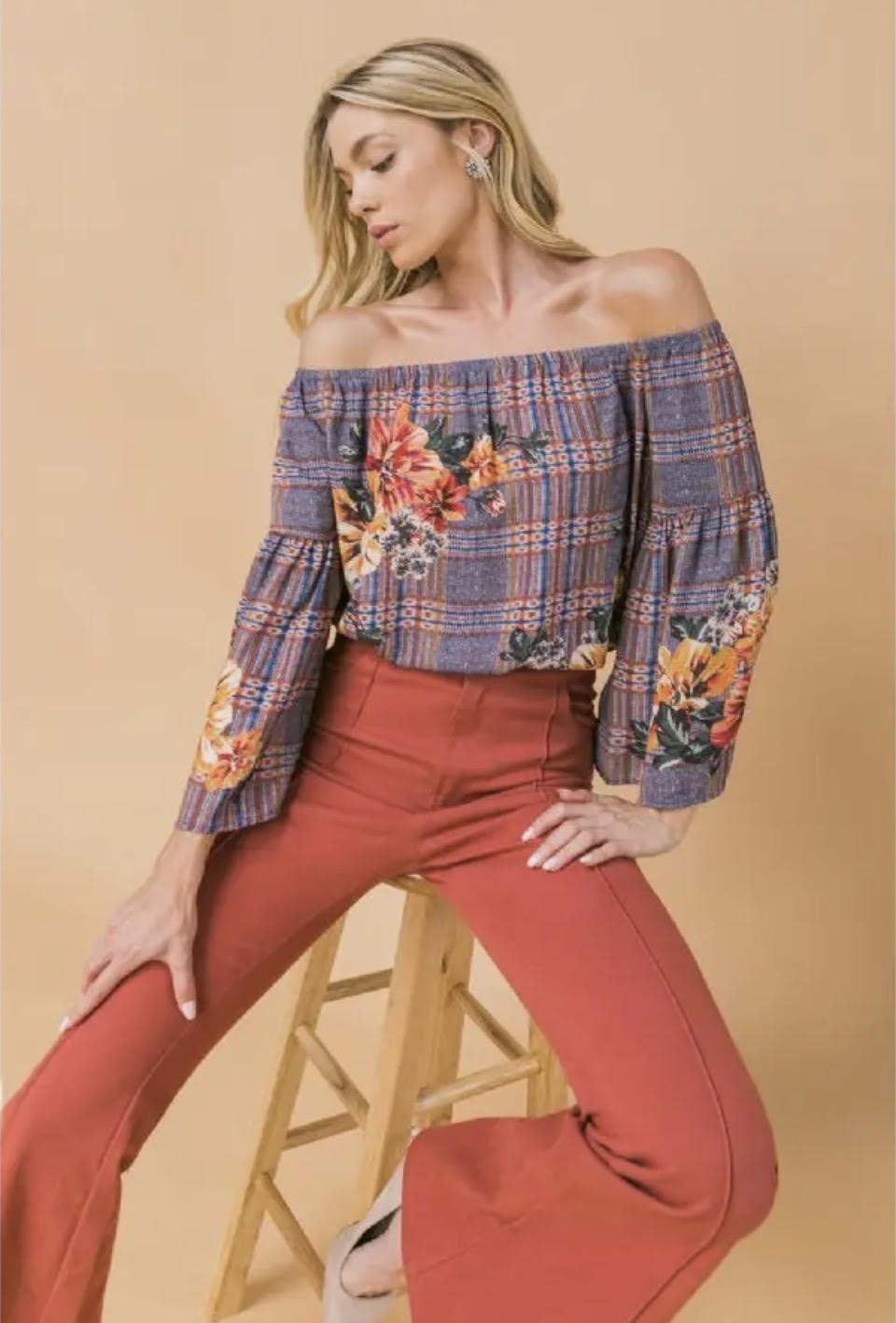 Plaid & Floral Off Shoulder
