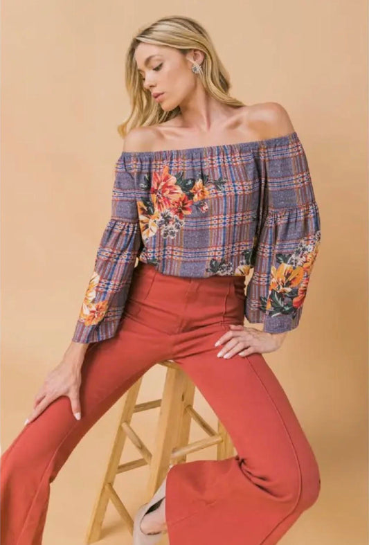 Plaid & Floral Off Shoulder